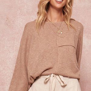 Womens Taupe Round Neckline Long Dolman Sleeves Loose Fit Solid Knit Sweater NWT